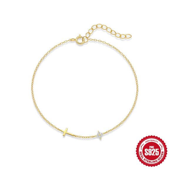 Simple Commute Women's S925 Sterling Silver Glossy Cross Zircon Stitching Four Petal Flower Geometric Electroplated Bracelet