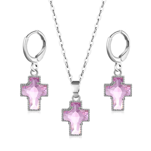 Simple Copper Inlaid Zircon Cross Earrings And Necklace Jewelry Set With O Chain For Women