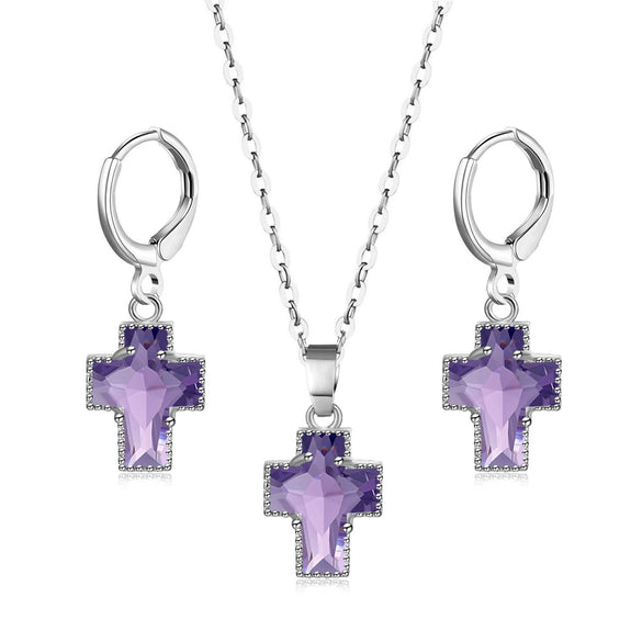 Simple Copper Inlaid Zircon Cross Earrings And Necklace Jewelry Set With O Chain For Women