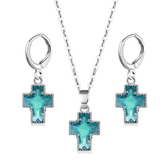 Simple Copper Inlaid Zircon Cross Earrings And Necklace Jewelry Set With O Chain For Women