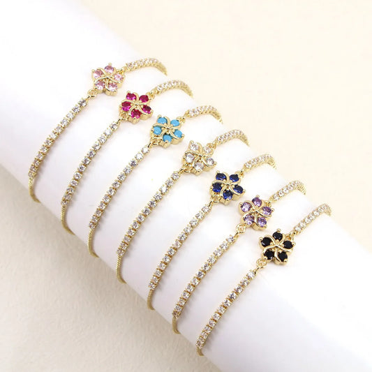 Simple Copper Micro-Inlaid Zircon Colorful Flower Adjustable Bracelet