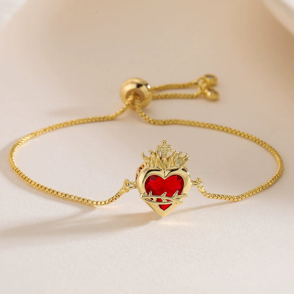 Simple Copper Plated 18K Gold Red Zircon Love Bracelet For Women With Micropaved Geometric Design Adjustable And Niche Personality