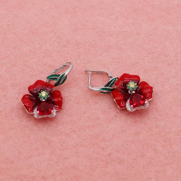 Simple Creative Metal Flower And Peach Heart Earrings With Orange Red Zircon And Electroplated Handmade Finish