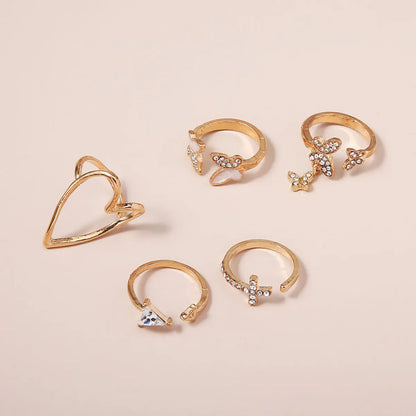 Simple Cross Heart Hollow Diamond Butterfly 5-Piece Ring Set