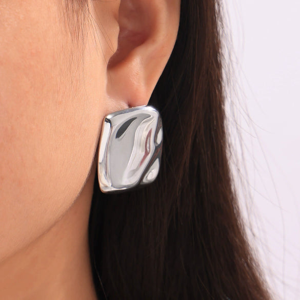 Simple Design Glow Surface Bump Square Titanium Steel Earrings With 18K Gold Plated Electroplating And Geometric Pattern