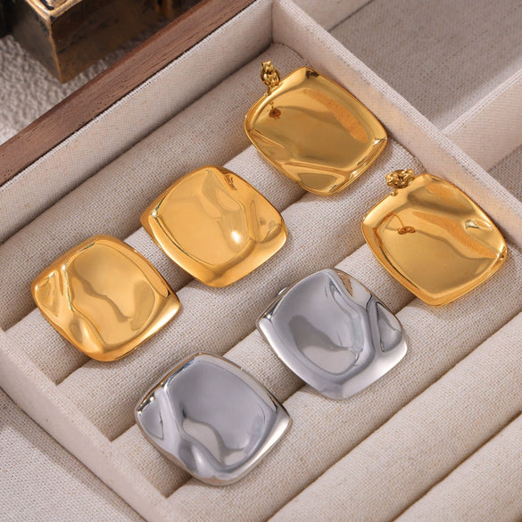 Simple Design Glow Surface Bump Square Titanium Steel Earrings With 18K Gold Plated Electroplating And Geometric Pattern