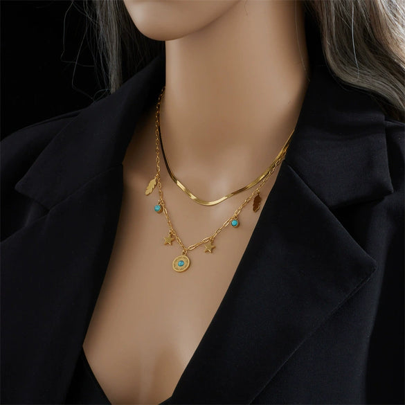 Simple Devil's Eyes Double Layer Geometric Turquoise Pendant Titanium Steel Clavicle Chain With Electroplating For Unisex