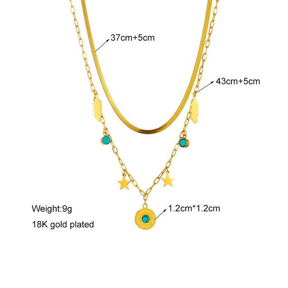 Simple Devil's Eyes Double Layer Geometric Turquoise Pendant Titanium Steel Clavicle Chain With Electroplating For Unisex