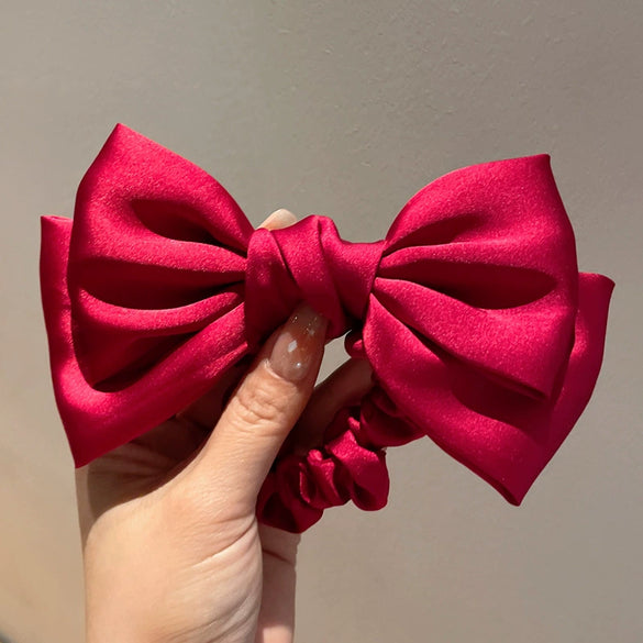 Simple Double Layer Big Bow Hair Ring For Girls Handmade With Black Marubeni Head Rubber Tendon