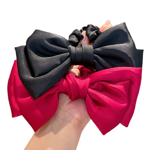 Simple Double Layer Big Bow Hair Ring For Girls Handmade With Black Marubeni Head Rubber Tendon