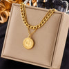 Simple Double Layer Chain Queen Portrait Round Pendant Titanium Steel Necklace With Geometric Pattern And Electroplating