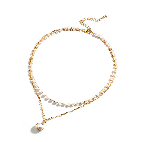 Simple Double Layer Pearl O Chain Necklace For Women Alloy Material With Electroplating Treatment Geometric Styling