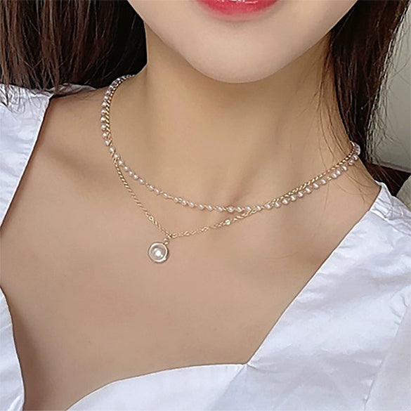 Simple Double Layer Pearl O Chain Necklace For Women Alloy Material With Electroplating Treatment Geometric Styling