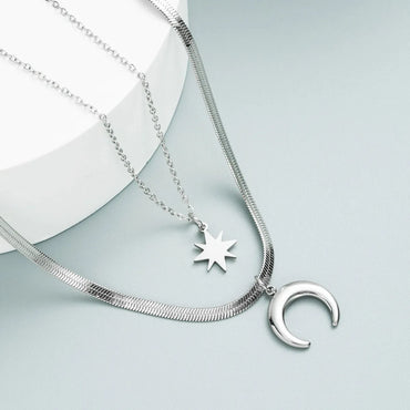 Simple Double-layer Star Moon Titanium Steel Pendant Snake Bone Necklace Wholesale Gooddiy