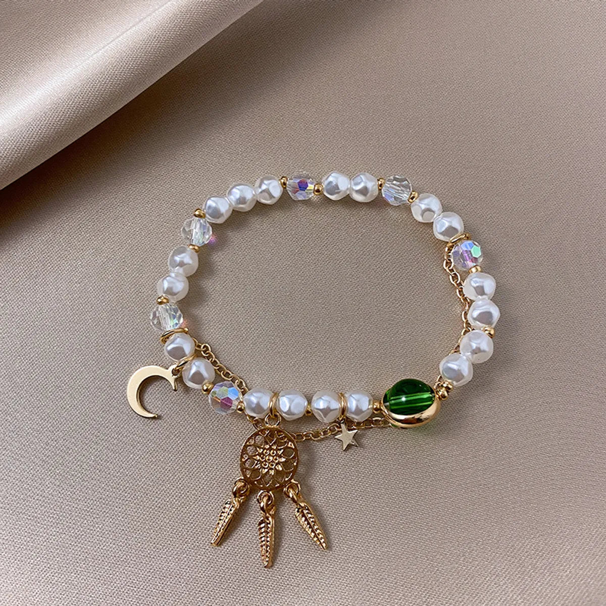 Simple Double Pearl Dream Catcher Pendant Crystal Bracelet