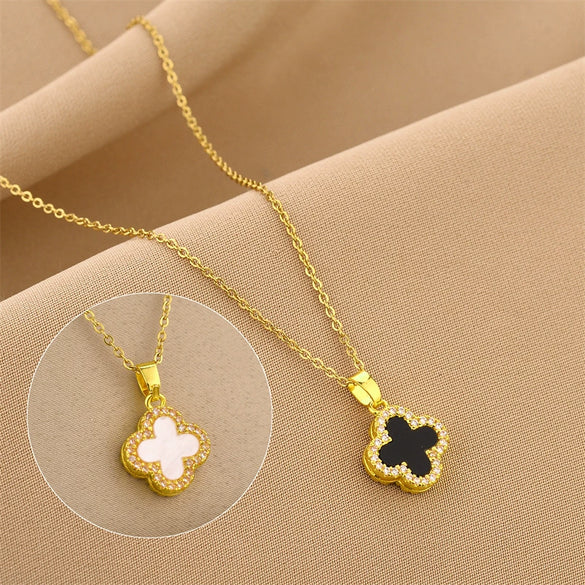 Simple Doublesided Fourleaf Clover Titanium Steel Necklace For Women Electroplated Geometric Design Twisted Chain With Mixed Gem Inlay