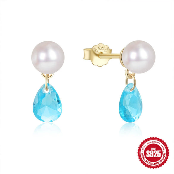 Simple Elegant All Match Women's S925 Sterling Silver Pearl Color Water Drop Geometric Diamond Stud Earrings
