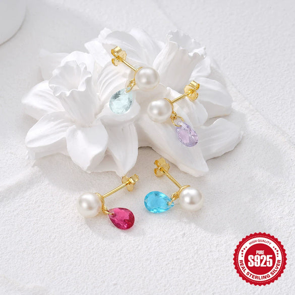 Simple Elegant All Match Women's S925 Sterling Silver Pearl Color Water Drop Geometric Diamond Stud Earrings