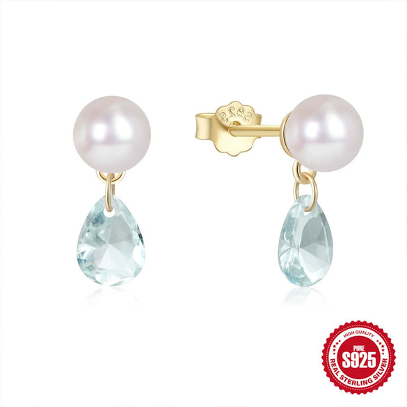 Simple Elegant All Match Women's S925 Sterling Silver Pearl Color Water Drop Geometric Diamond Stud Earrings