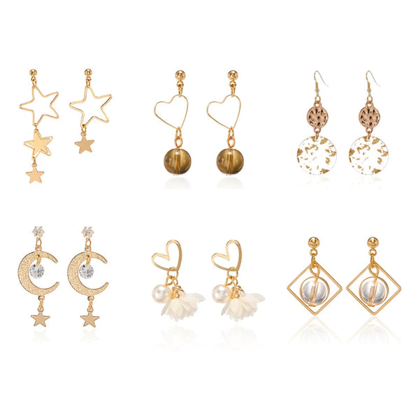 Simple Elegant Alloy Hollow Star And Heart Asymmetric Stud And Long Earrings With Electroplated Finish For Women