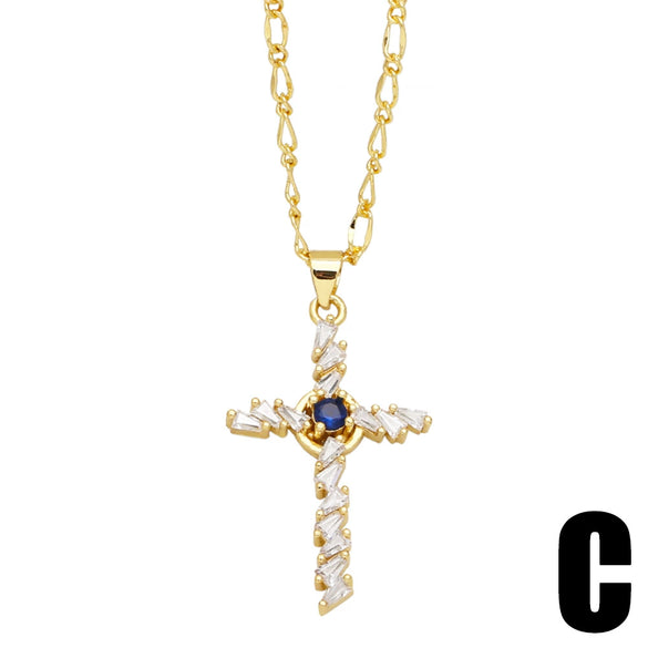 Simple Elegant Cross Inlaid Zircon Copper Necklace For Women With O Chain Geometric Pattern