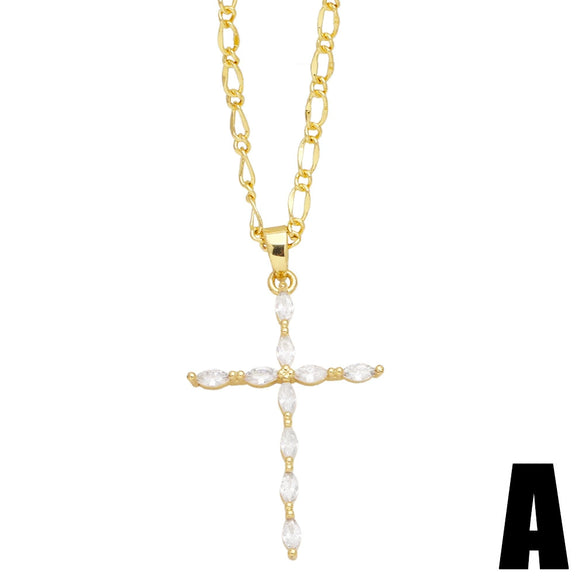 Simple Elegant Cross Inlaid Zircon Copper Necklace For Women With O Chain Geometric Pattern