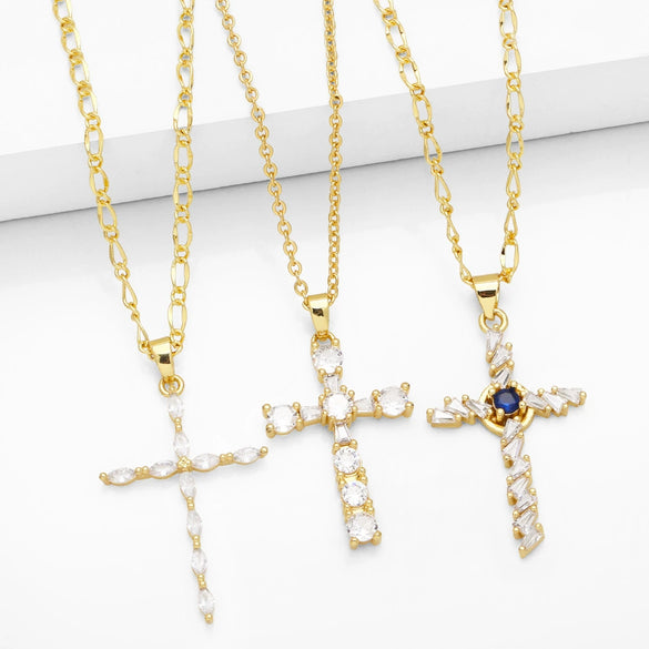 Simple Elegant Cross Inlaid Zircon Copper Necklace For Women With O Chain Geometric Pattern