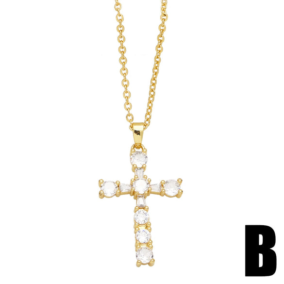 Simple Elegant Cross Inlaid Zircon Copper Necklace For Women With O Chain Geometric Pattern
