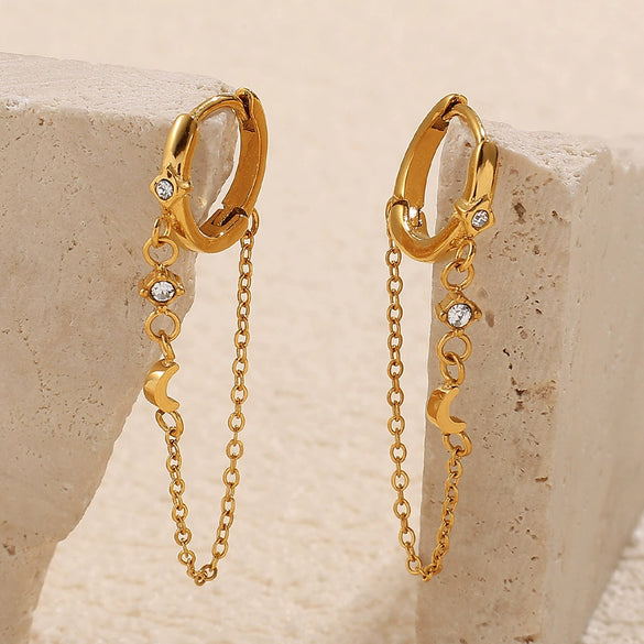 Simple Elegant 316L Stainless Steel Earrings Ear Clip Microinlaid Zircon Geometric Pattern 18K Gold Plated
