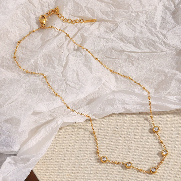 Simple Elegant Versatile Stylish Women's Necklace Stainless Steel 18K Gold Plated With 5 Round Zirconium Clip Bead Chain Geometric Pattern Electroplated