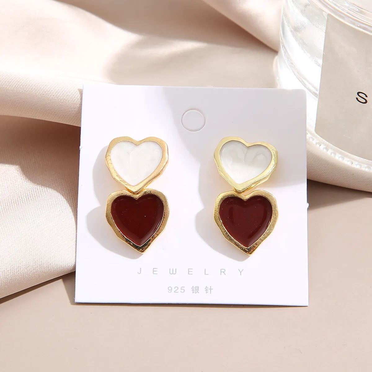 Simple Elegant Women's White Red Dropping Oil Love Heart Earrings