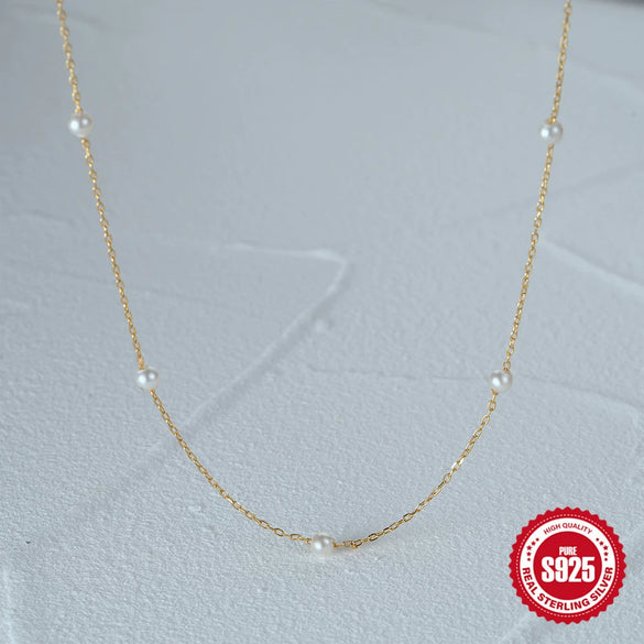 Simple Elegant Women's S925 Sterling Silver Pearl Stacked Collarbone Necklace With Geometric Design And Electroplating Process
