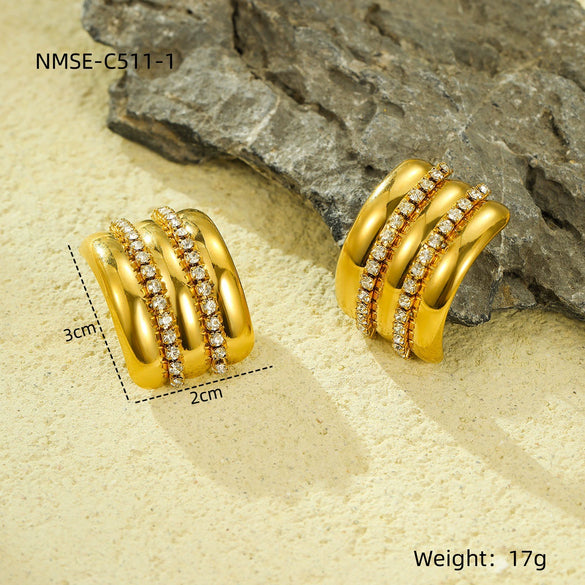 Simple Exaggerated Titanium Steel Geometric Stripe Zircon Stainless Steel 18K Electroplated Earrings For Women