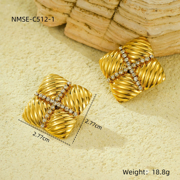 Simple Exaggerated Titanium Steel Geometric Stripe Zircon Stainless Steel 18K Electroplated Earrings For Women
