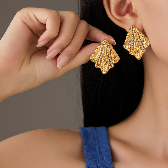 Simple Exaggerated Titanium Steel Geometric Stripe Zircon Stainless Steel 18K Electroplated Earrings For Women