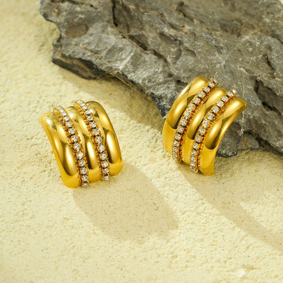 Simple Exaggerated Titanium Steel Geometric Stripe Zircon Stainless Steel 18K Electroplated Earrings For Women