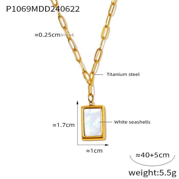 Simple Fashion All Match Square Pendant Necklace With White Sea Shells Titanium Steel Plated 18K True Gold Geometric Design
