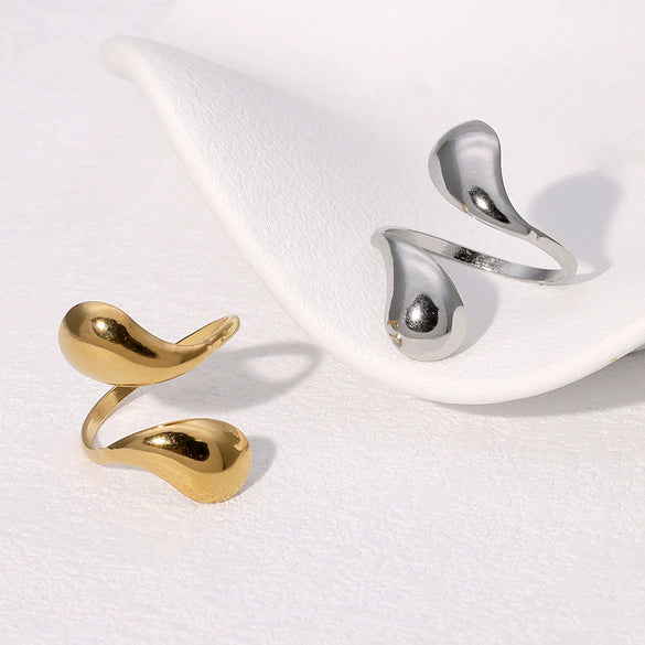 Simple Fashion Cold Wind Food Finger Ring Drop Shape Gold Plated Stainless Steel Ring For Women