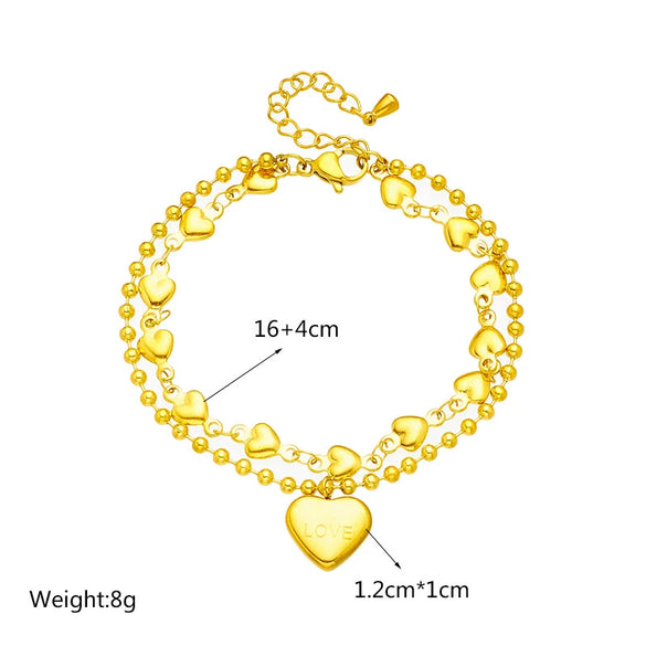 Simple Fashion Double Layer Stacked Creative Love Round Beads Heart Shaped Titanium Steel Electroplated Women's Jewelry Bracelet