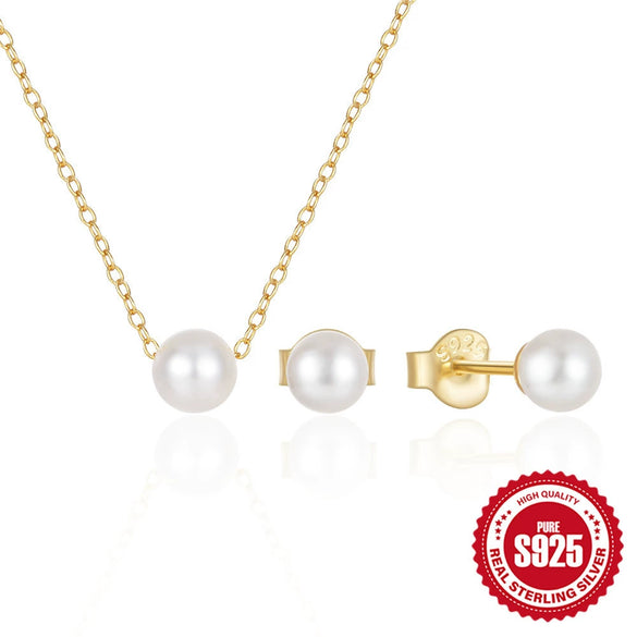 Simple Fashion Ins Style S925 Sterling Silver Pearl Stud Earrings Necklace Set With O Chain And Zircon Pendant Electroplated