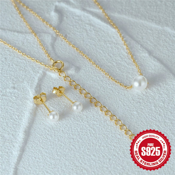 Simple Fashion Ins Style S925 Sterling Silver Pearl Stud Earrings Necklace Set With O Chain And Zircon Pendant Electroplated