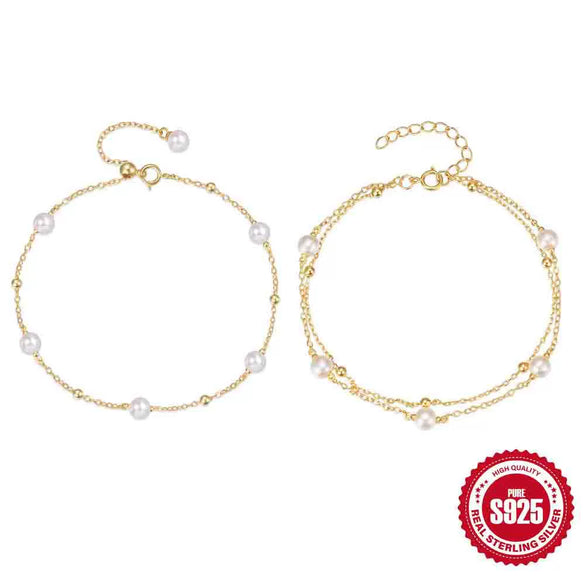 Simple Fashion S925 Sterling Silver Beaded Stacked Double Layer Gold Beaded Pearl Adjustable Women's Geometric Designed Bracelet