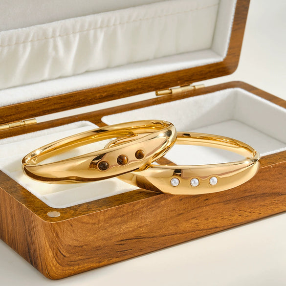 Simple Fashion Stainless Steel Bracelet With Tiger Eye Stone Imitation Pearls And 18K Gold Vacuum Plating For Women