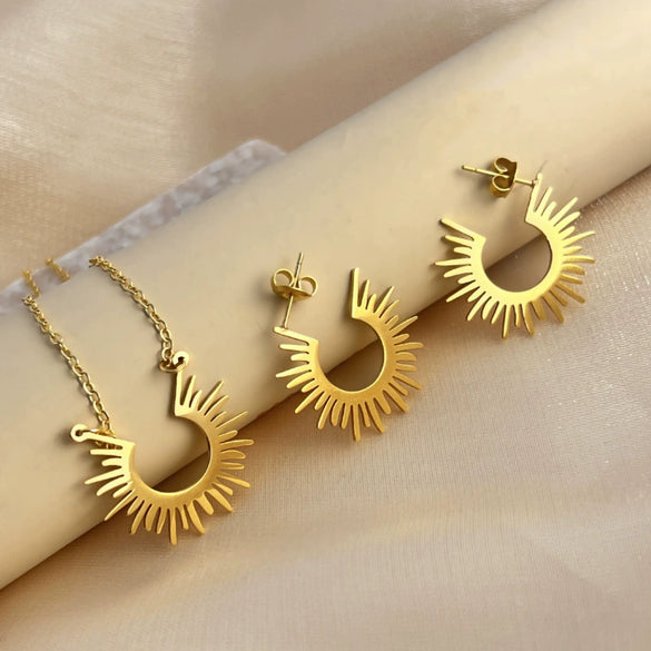 Simple Fashion Sunflower U Shape Stainless Steel Necklace Earrings With Retro Design And 18K Gold Plated Electroplating