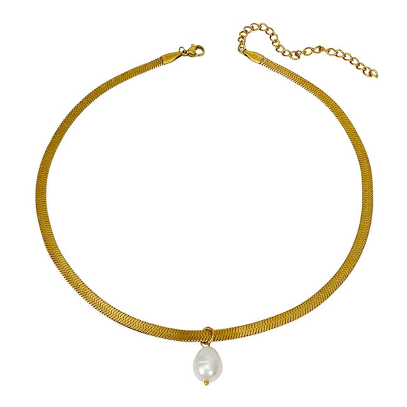 Simple Fashion Titanium Steel Snake Bone Chain Necklace With Freshwater Pearl Pendant Geometric Electroplated Ladies Jewelry