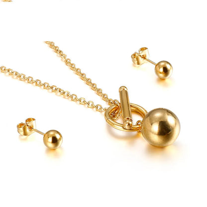 Simple Fashionable Golden Ball Ot Buckle Necklace Earrings Stainless Steel Set Wholesale Gooddiy