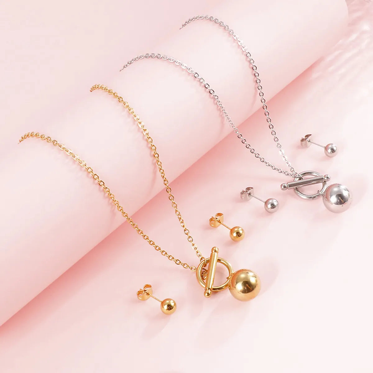 Simple Fashionable Golden Ball Ot Buckle Necklace Earrings Stainless Steel Set Wholesale Gooddiy