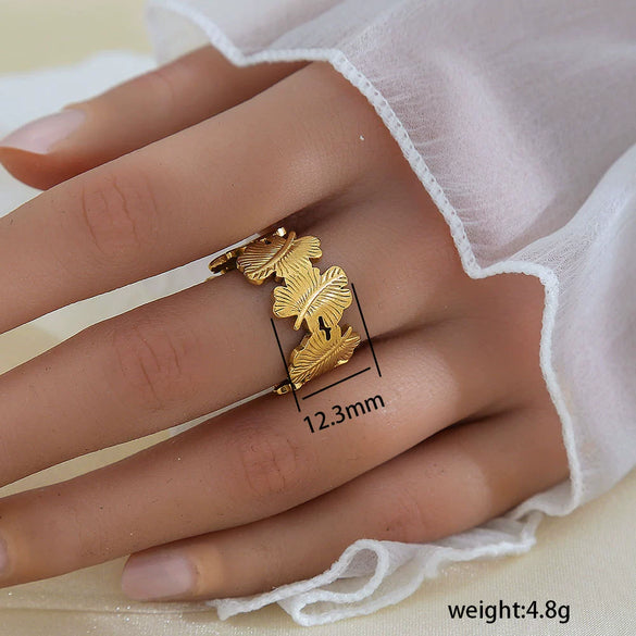 Simple Fashionable Stainless Steel And Titanium Steel Leaf And Flower Ring With Real Gold Plating For Women Geometric And U Shaped Design Unisex Style