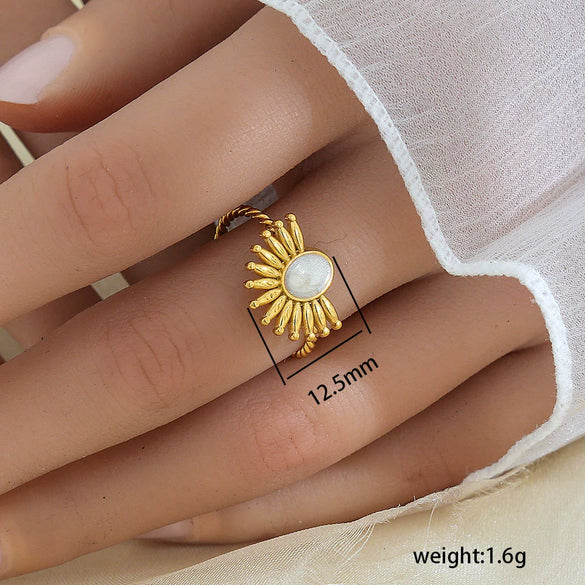 Simple Fashionable Stainless Steel And Titanium Steel Leaf And Flower Ring With Real Gold Plating For Women Geometric And U Shaped Design Unisex Style