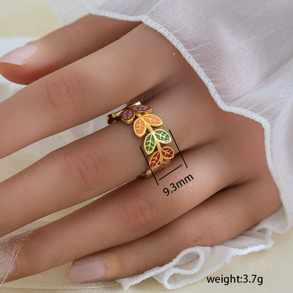 Simple Fashionable Stainless Steel And Titanium Steel Leaf And Flower Ring With Real Gold Plating For Women Geometric And U Shaped Design Unisex Style